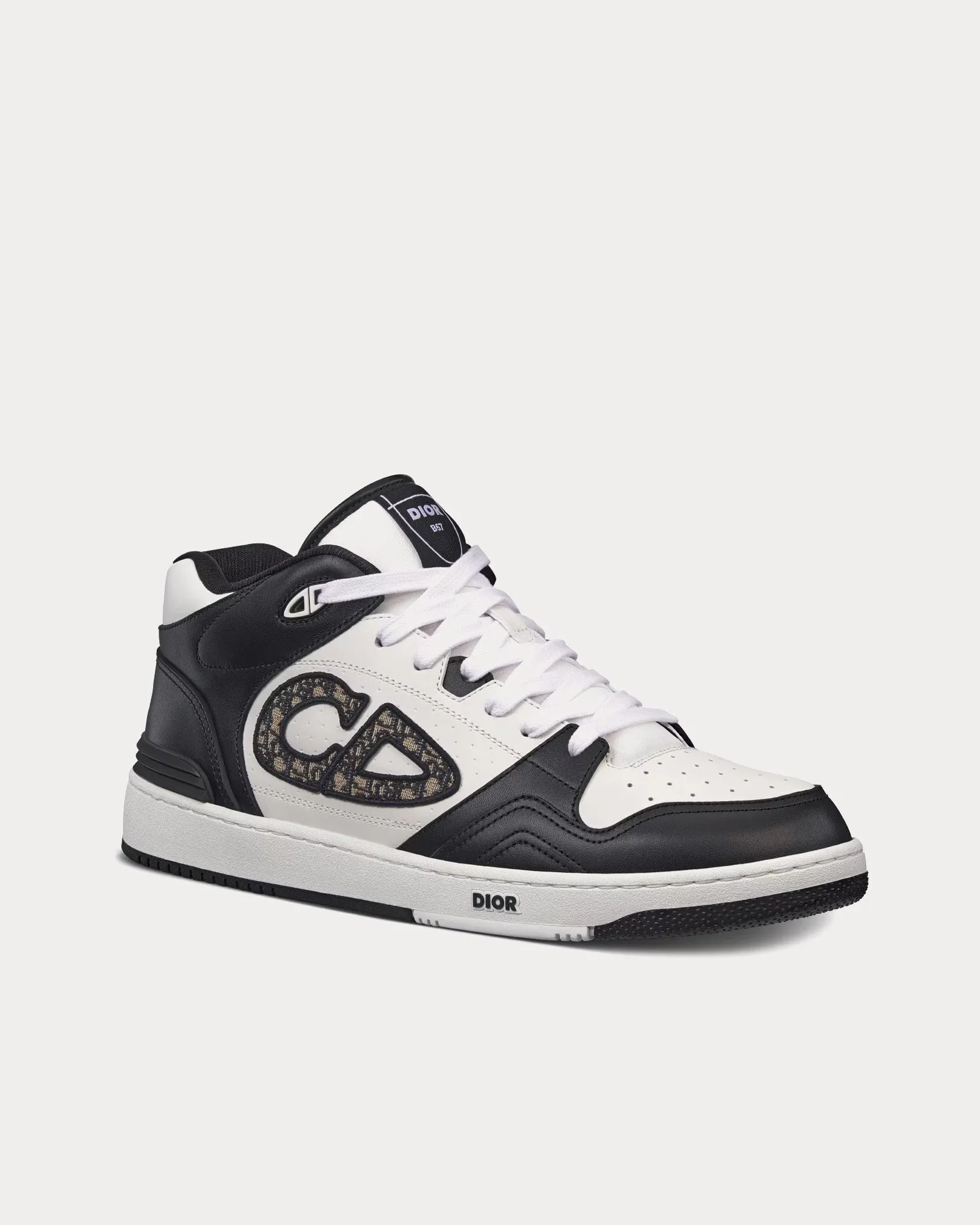 B57 Black and White Smooth Calfskin with Beige and Black Dior Oblique Jacquard Mid Top Sneakers