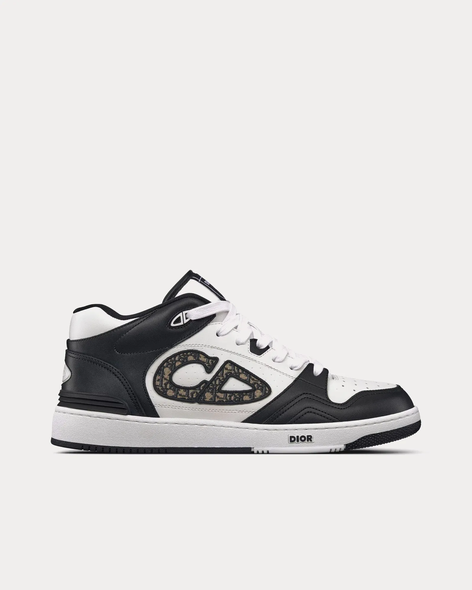 B57 Black and White Smooth Calfskin with Beige and Black Dior Oblique Jacquard Mid Top Sneakers