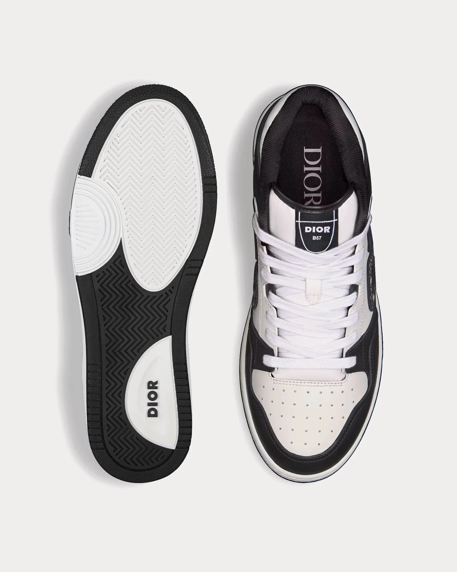 B57 Black and White Smooth Calfskin with Beige and Black Dior Oblique Jacquard Mid Top Sneakers