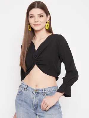 Berrylush Women Solid Black V-Neck Front Twisted Crop Top