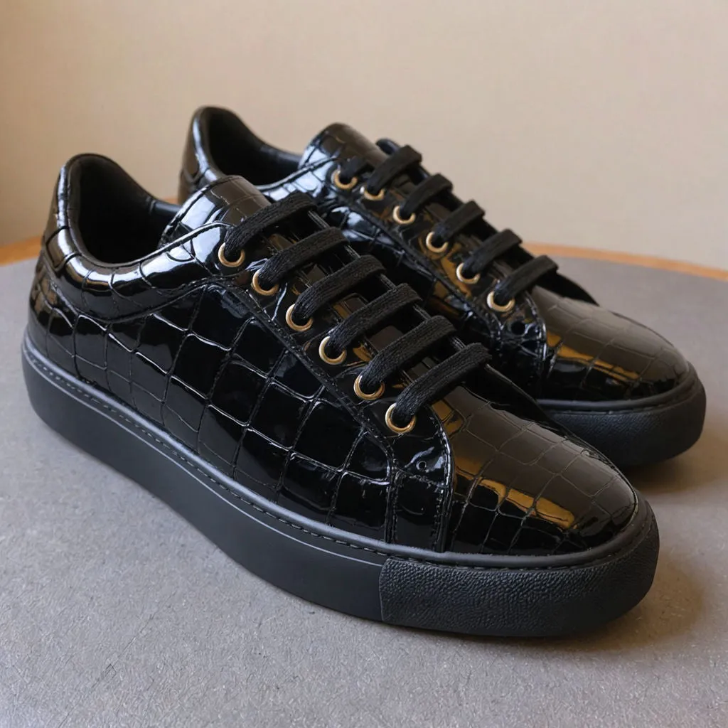 Black Croc Print Leather NiccolÃ² Lace Up Sneakers