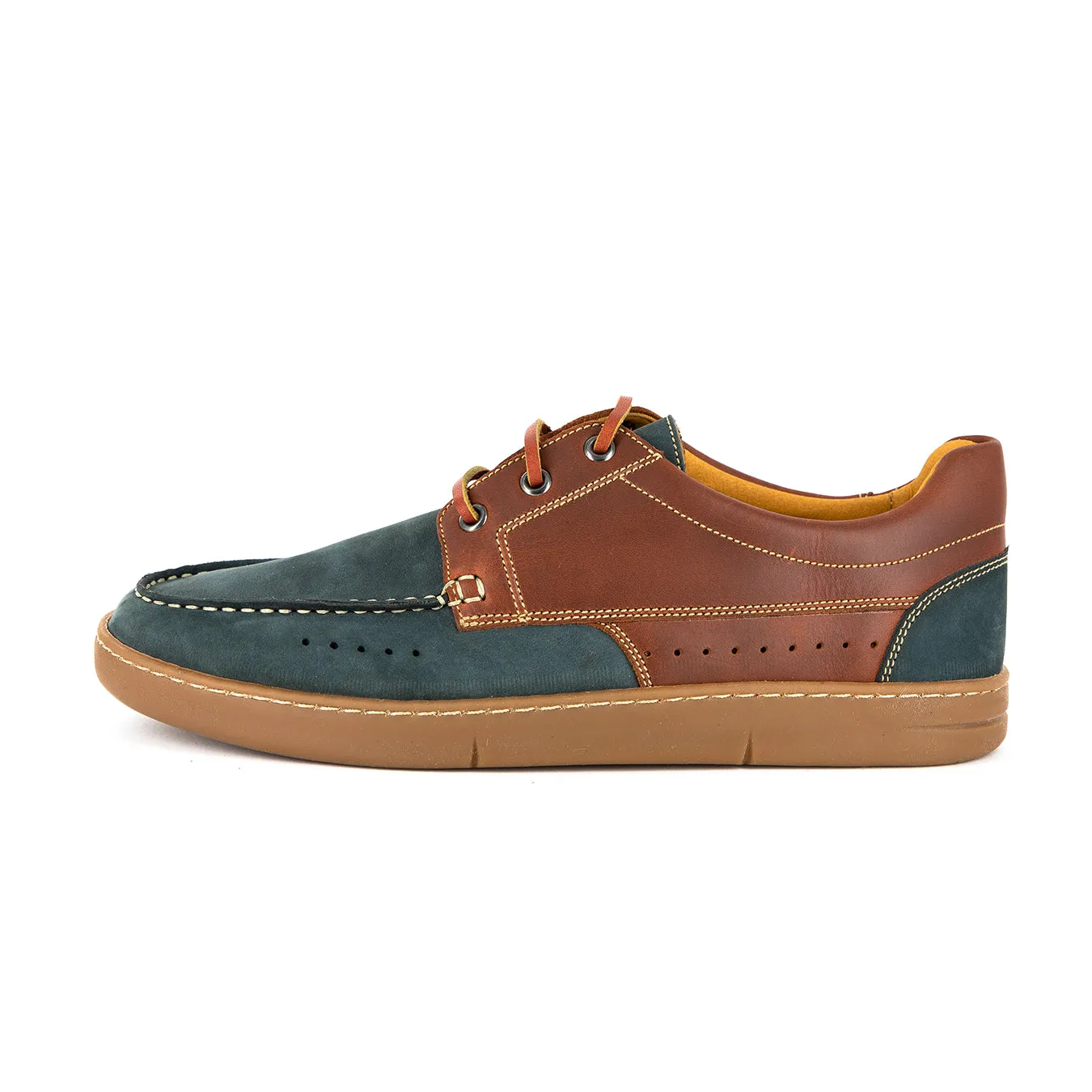 Bukekayo : Men's Leather Boat Shoe in Navy Nubuck & Light Brown Cyclone