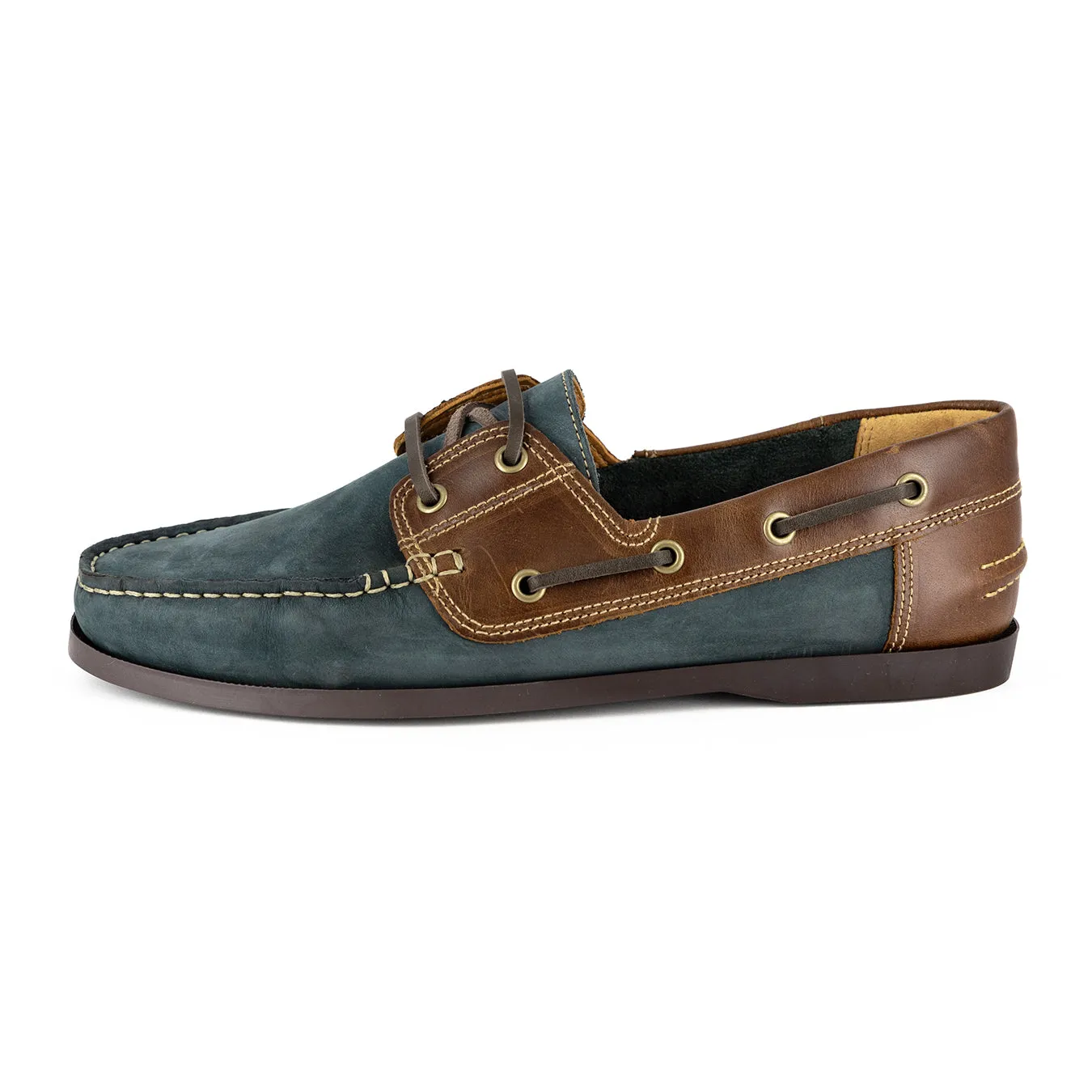 Exwaya : Mens Leather Boat Shoe in Marine Nubuck & Brown Carvano