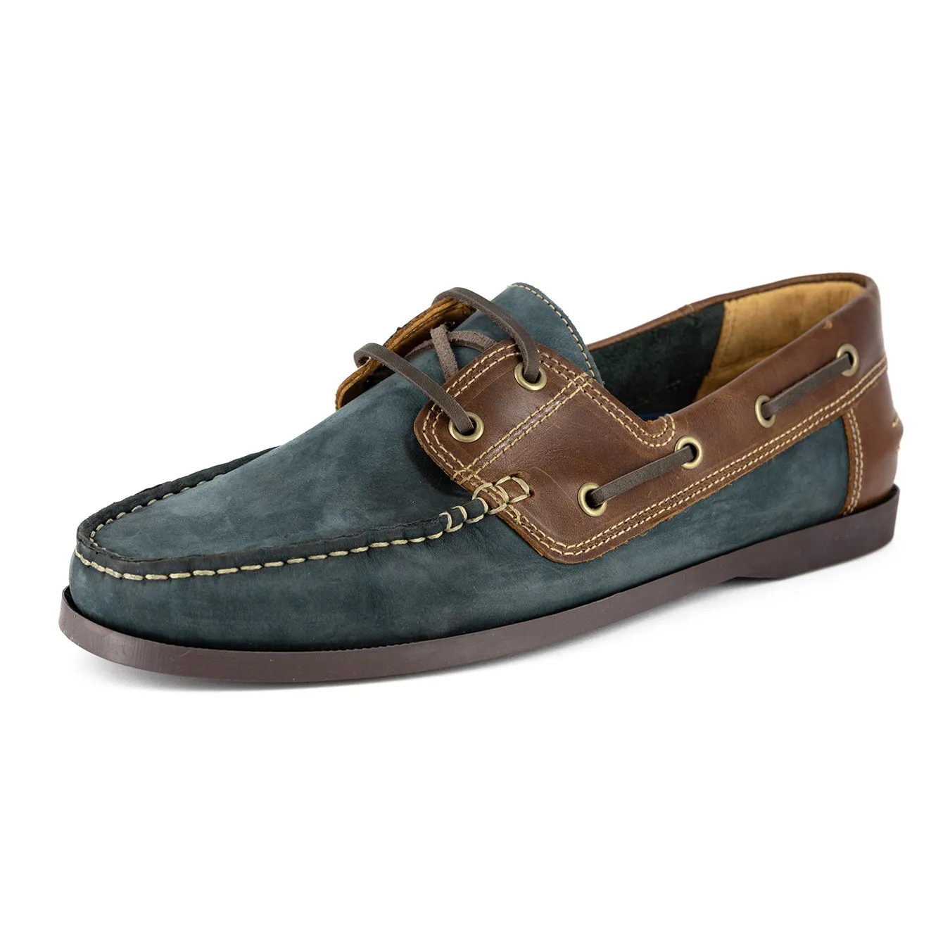Exwaya : Mens Leather Boat Shoe in Marine Nubuck & Brown Carvano