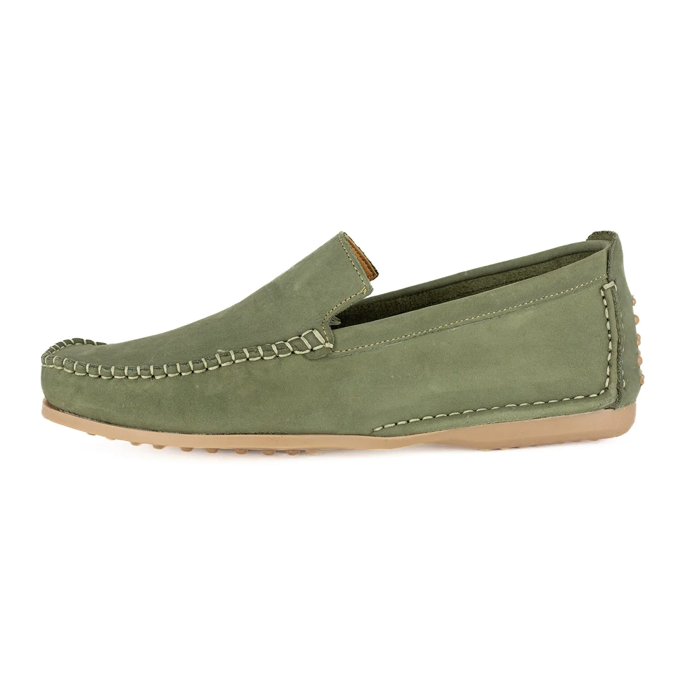Insonga : Mens Leather Moccasin in Olive Nubuck