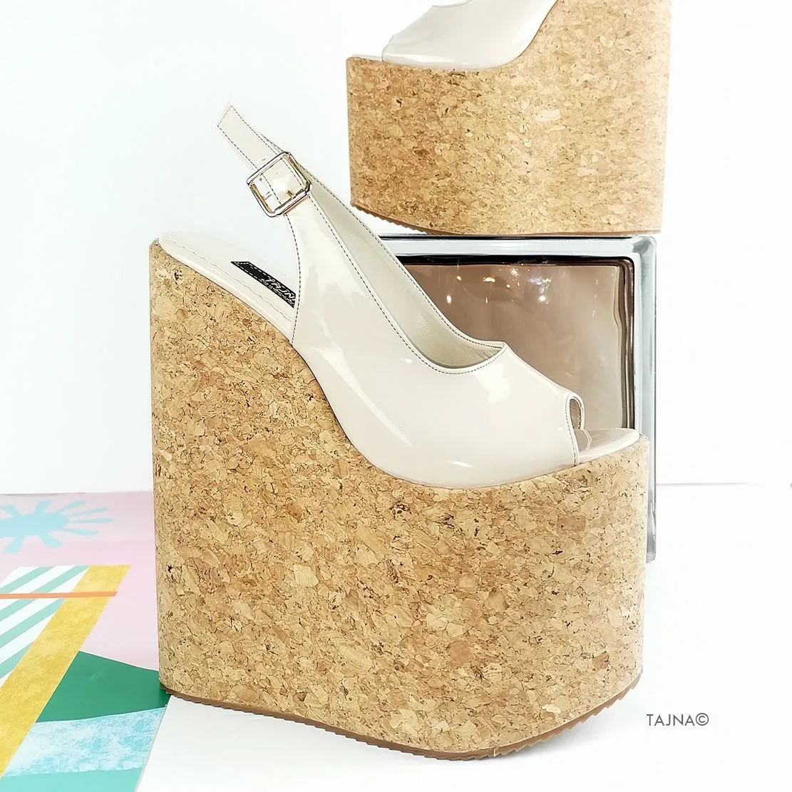 Nude Cream Patent Cork Wedge Platforms