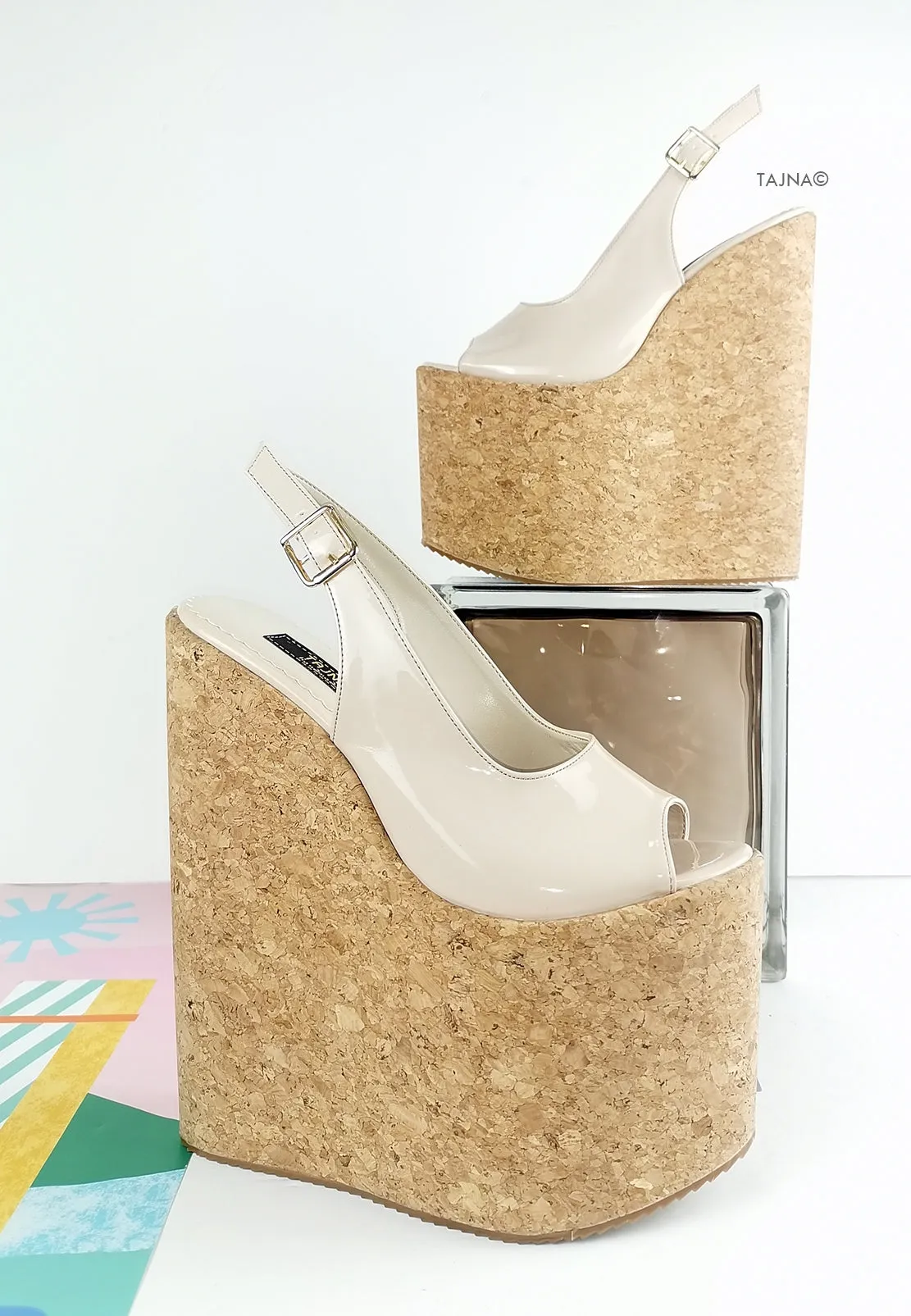 Nude Cream Patent Cork Wedge Platforms