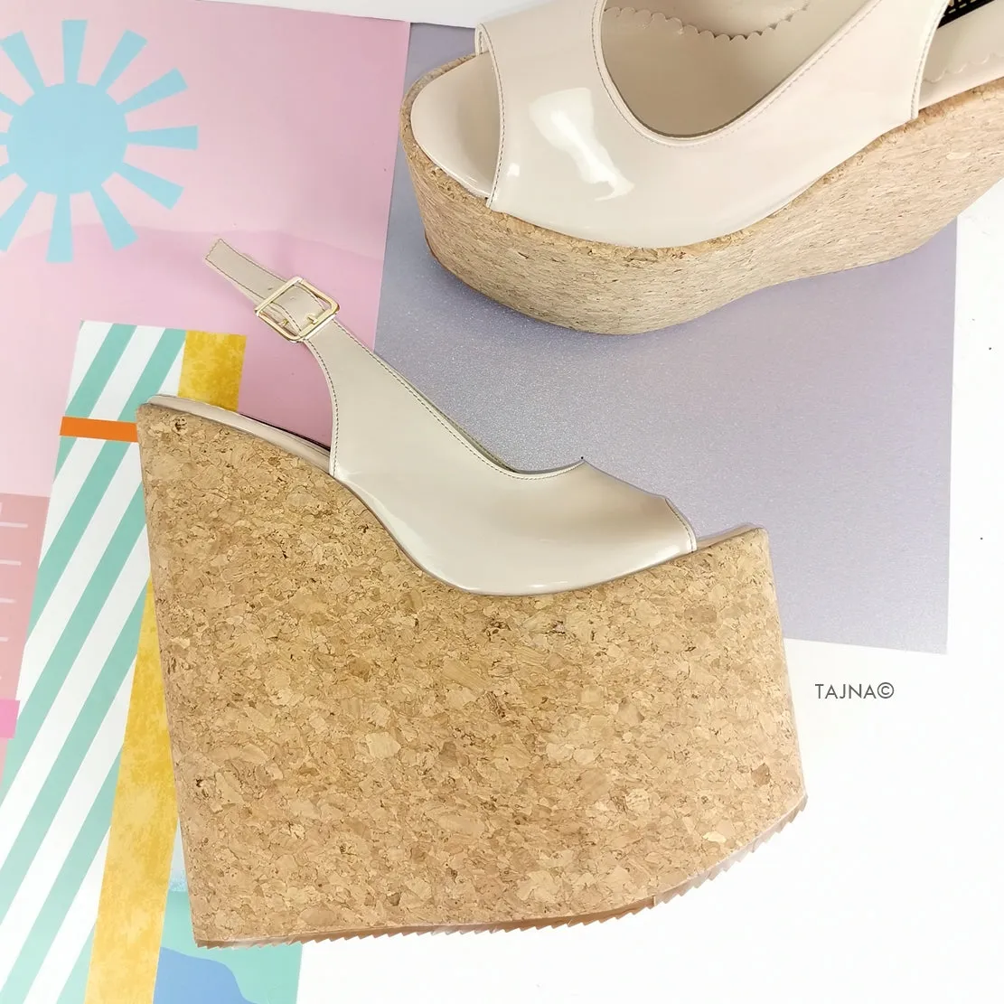 Nude Cream Patent Cork Wedge Platforms