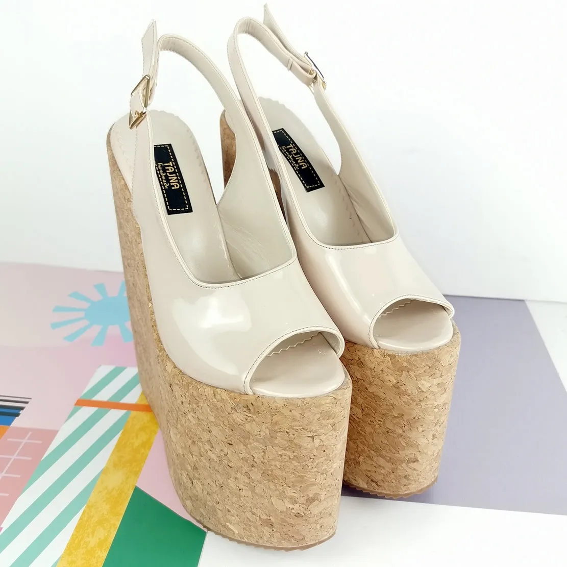 Nude Cream Patent Cork Wedge Platforms