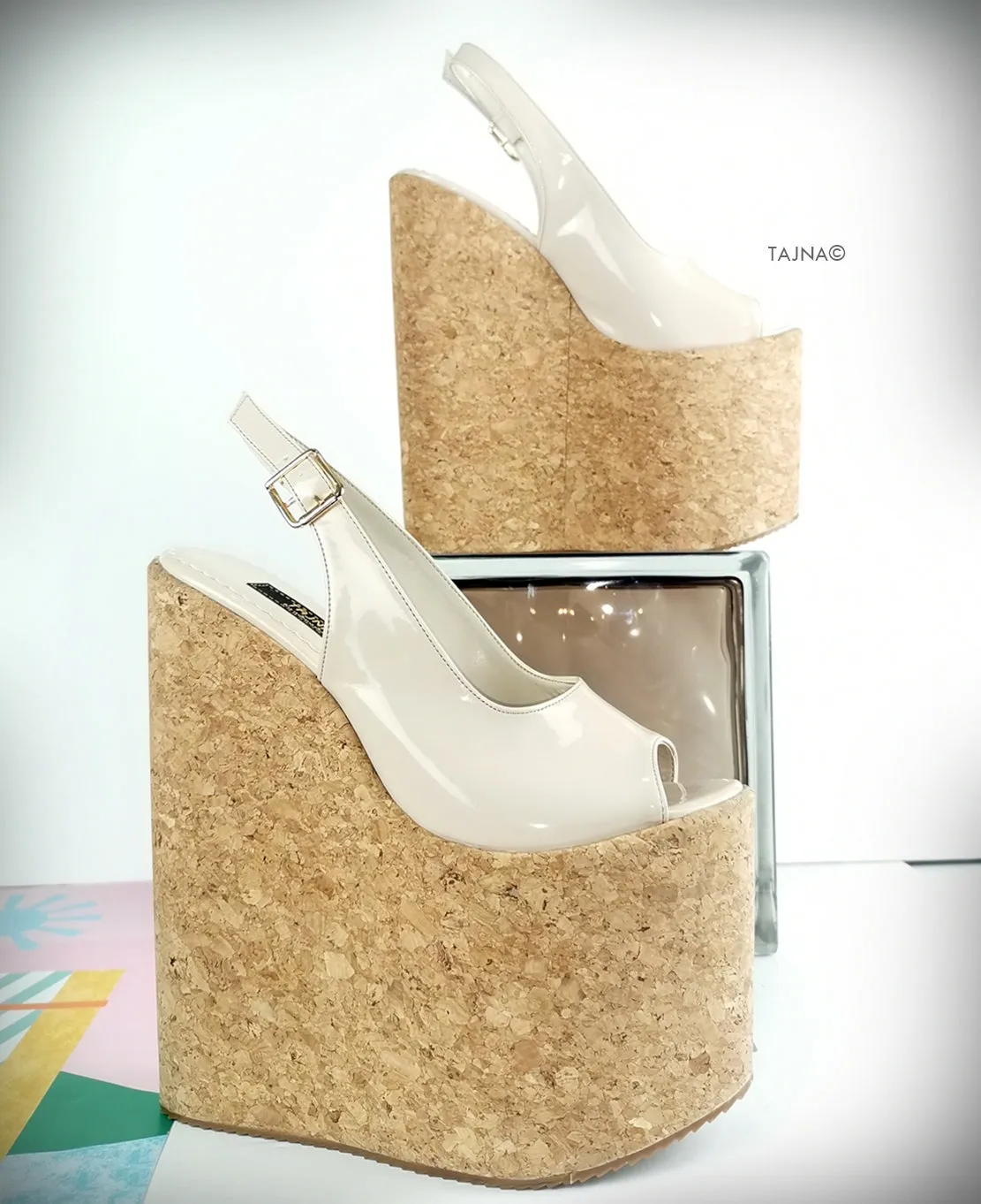 Nude Cream Patent Cork Wedge Platforms