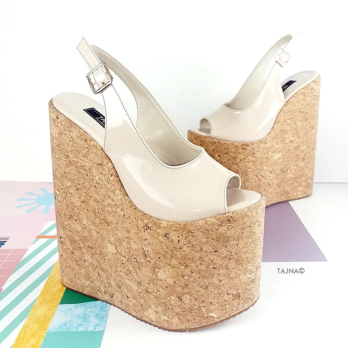 Nude Cream Patent Cork Wedge Platforms