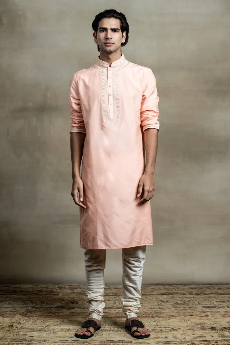 Peach Cotton Silk Kurta Set With Thread Embroidery Detailing