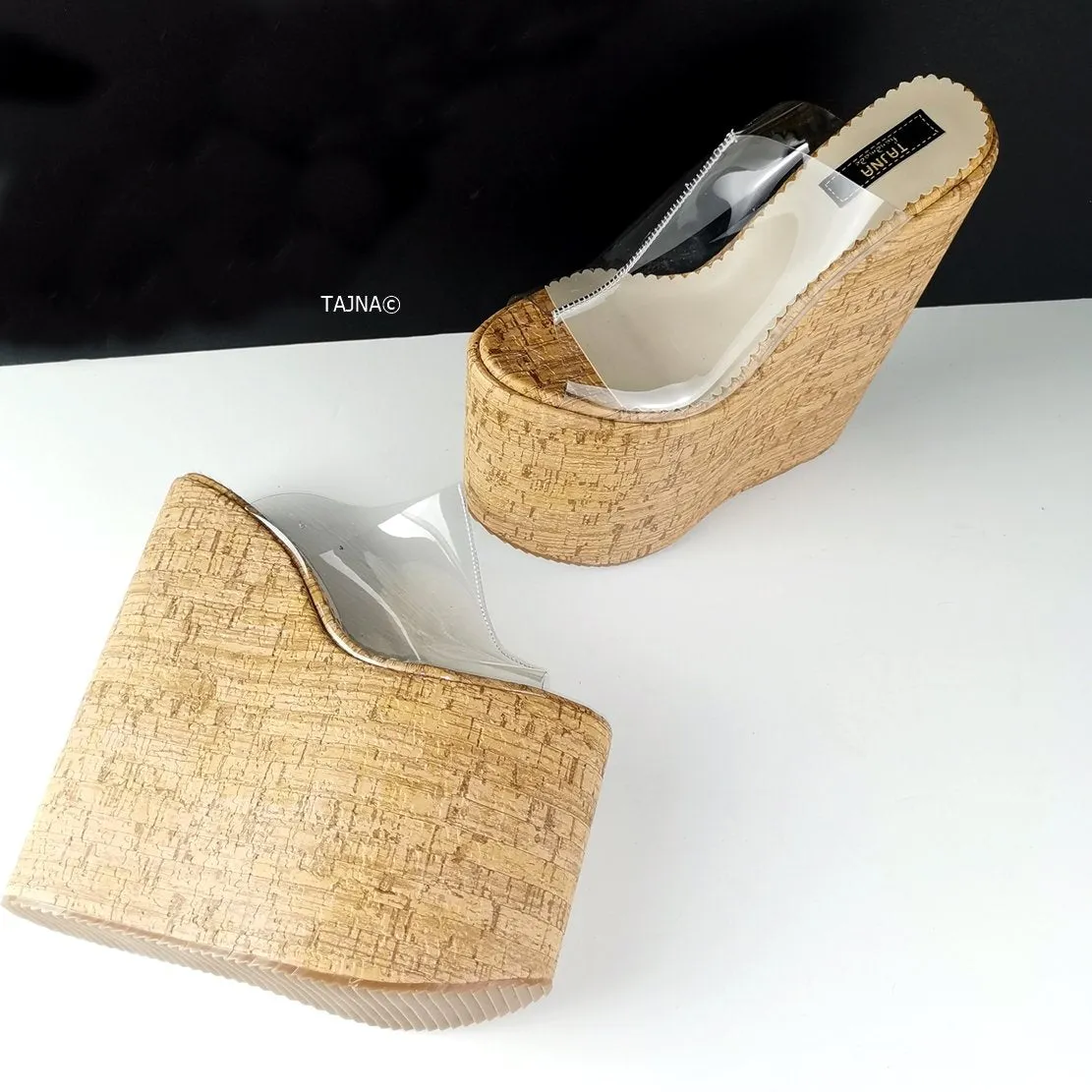 Transparent Cork Platform Wedge Mules