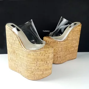 Transparent Cork Platform Wedge Mules