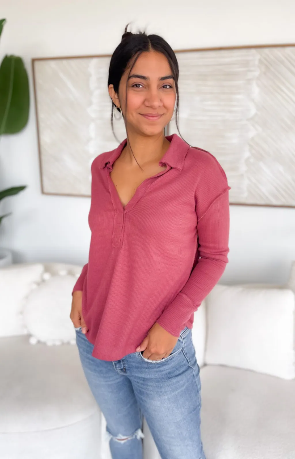 Victoria Waffle Knit Collared Top