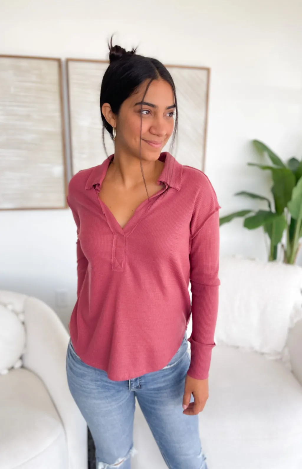 Victoria Waffle Knit Collared Top