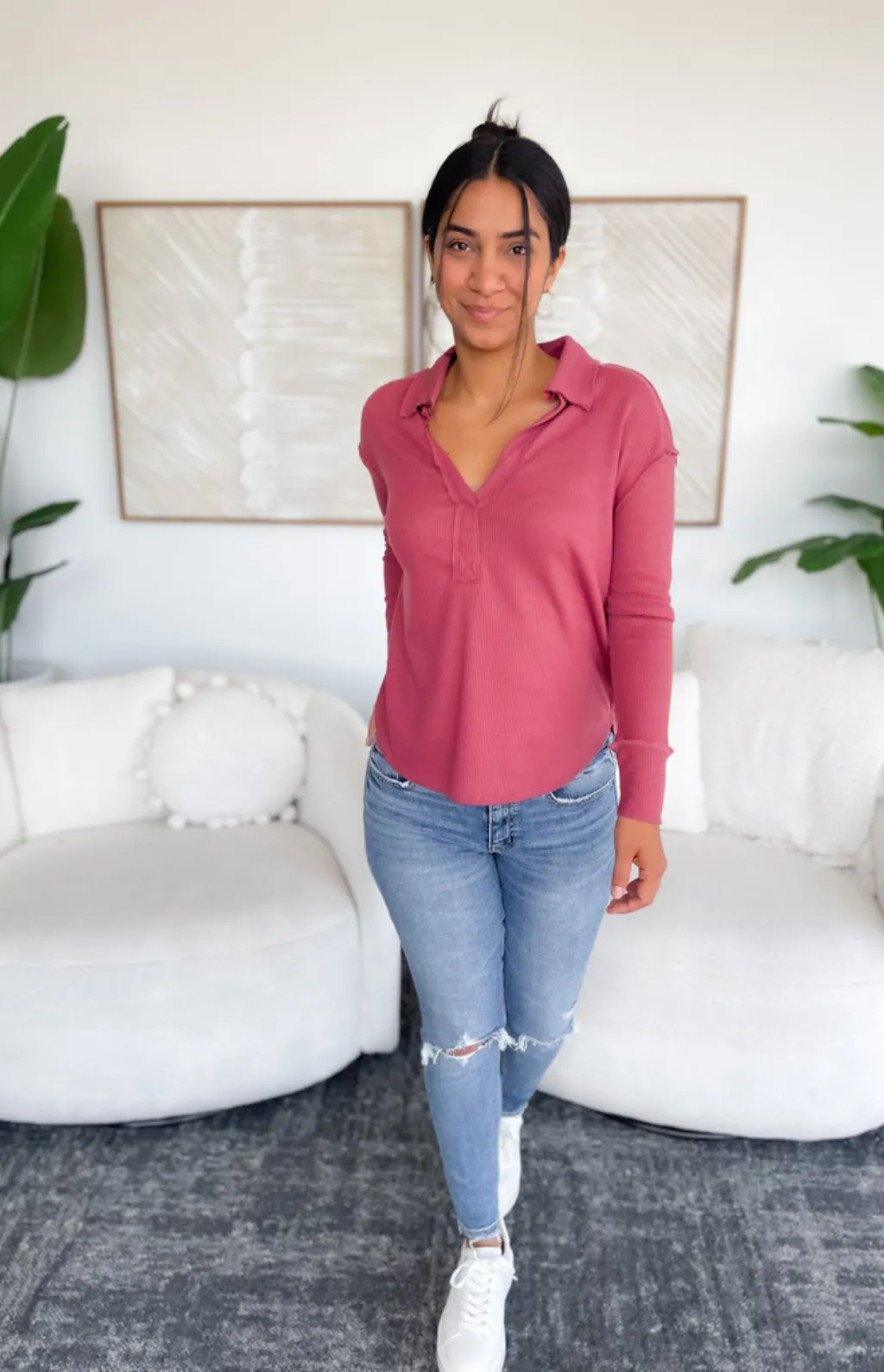 Victoria Waffle Knit Collared Top
