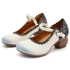 Women's Leather Floral Print Retro Style Flexible Soft Handmade Round Toe Basket Heeled Shoes