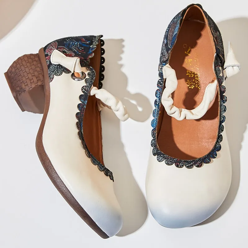 Women's Leather Floral Print Retro Style Flexible Soft Handmade Round Toe Basket Heeled Shoes